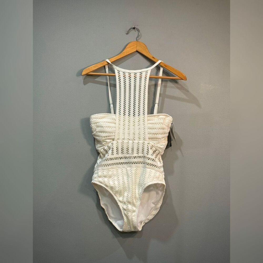 White Kenneth Cole High Neck Eyelet Swimsuit Size M NWT